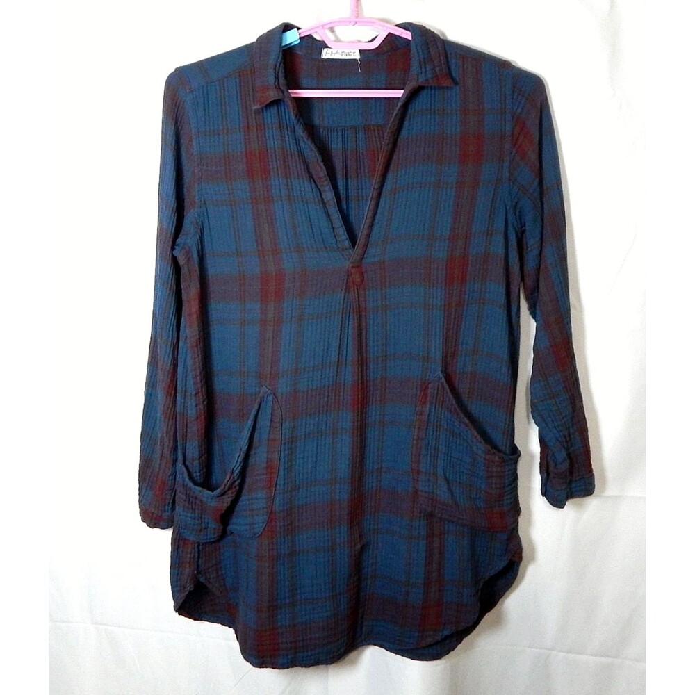 Free People x CP Shades Teton Shirt Dress Tunic S Double Gauze Cotton Blue Plaid